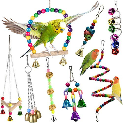 Joso 8 Packs Bird Swing Toy Set Parrot Chewing Toy Colorful Hanging Bell Birds Cage Hammock Toys for Small Parrots Parakeets Cockatiels Conures Love Birds Budgie Mynah Finche