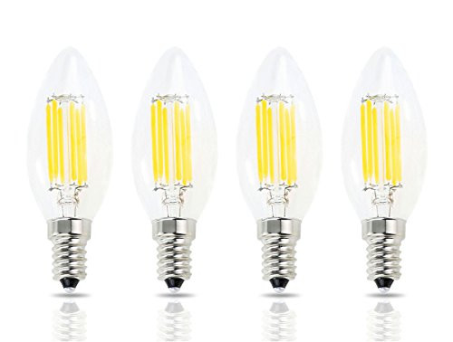 Lamsky E14 LED Filament Candle Shape Light BulbE14 European Base BulbWarm White 2700K 600LM 60W EquivalentC35 Clear Glass Torpedo Shape Bullet TopNo-Dimmable -4-Pack-
