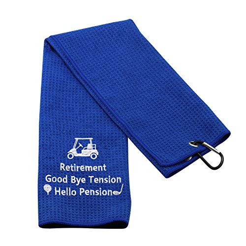 PXTIDY Retirement Golf Towel Good Bye Tension Hello Pension Embroidered Golf Towel with Clip Golfer Gift Golf Retirement Gifts for Men or Women -Blue-