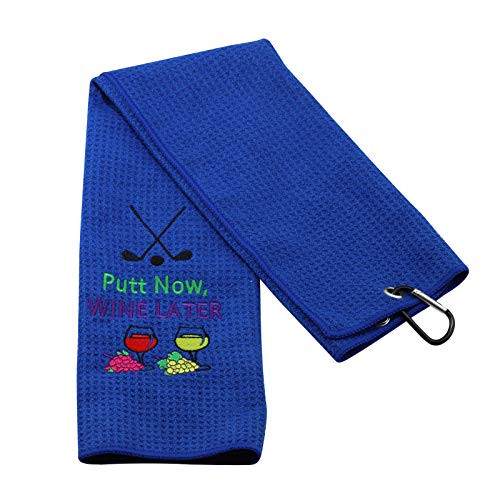 PXTIDY Golf Gifts for Women Men Putt Now Wine Later Golf Towel Golf Wine Golfer Gift Embroidered Golf Towel with Clip Gift for Golf Lover Wine Lover -Blue-