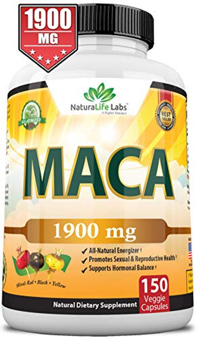 Organic Maca Root Black Red Yellow 1900 MG per Serving - 150 Vegan Capsules Peruvian Maca Root Gelatinized 100 percent Pure Non-GMO Supports Reproductive Health Natural Energizer