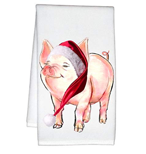 Christmas Pig in Santa Hat Hand Towel for Kitchen or Bath Decor Gift