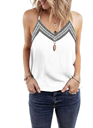 BLENCOT Women Fashion Sexy V Neck Strappy Embroidery Tank Tops Loose Casual Sleeveless Tops Shirts White L