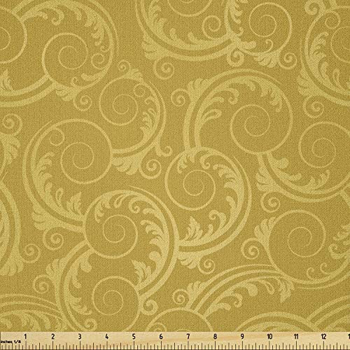Ambesonne Yellow Damask Fabric by The Yard Silhouette Swirls and Leaves Background Continuous Elements Microfiber Fabric for Arts and Crafts Textiles  and  Decor 1 Yard Earth Yellow
