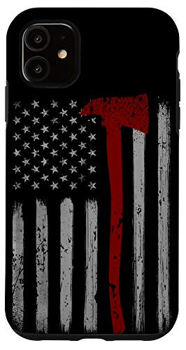 iPhone 11 Thin Red Line Patriotic Firefighter USA Flag Axe Firefighter Case