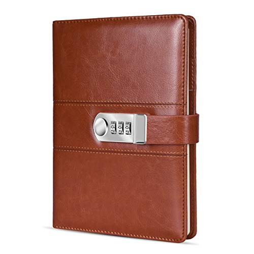 ARRLSDB A5 PU Leather Diary with Lock Journal with Combination Lock Password Journal Locking Journal Diary -Brown-