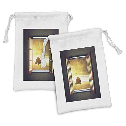 Ambesonne Spring Fabric Pouch Set of 2 Looking out an Open Window to a Sunny Spring Birds Countryside Landscape Small Drawstring Bag for Toiletries Masks and Favors 9 inch x 6 inch Grey Marigold Brown