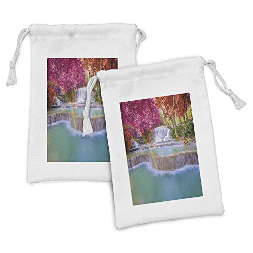 Ambesonne Waterfall Fabric Pouch Set of 2 Rain Forest in Vietnam Laos South Orange Trees Side of River Image Print Small Drawstring Bag for Toiletries Masks and Favors 9 inch x 6 inch Blue