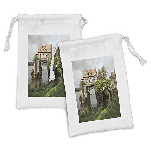 Lunarable Landscape Fabric Pouch Set of 2 Mill on Medieval Bridge in Vernon Normandy Countryside Tourist Attraction Picture Small Drawstring Bag for Toiletries Masks and Favors 9 inch x 6 inch Green Grey