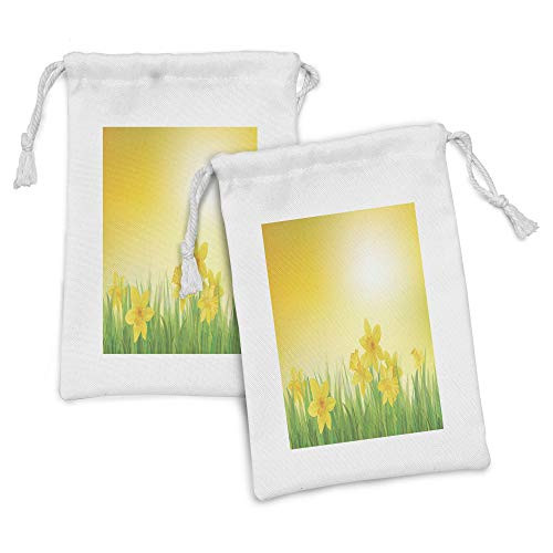 Lunarable Daffodils Fabric Pouch Set of 2 Daffodil Flowers on a Spring Meadow Countryside Sunny Nature Illustration Small Drawstring Bag for Toiletries Masks and Favors 9 inch x 6 inch Yellow and Green
