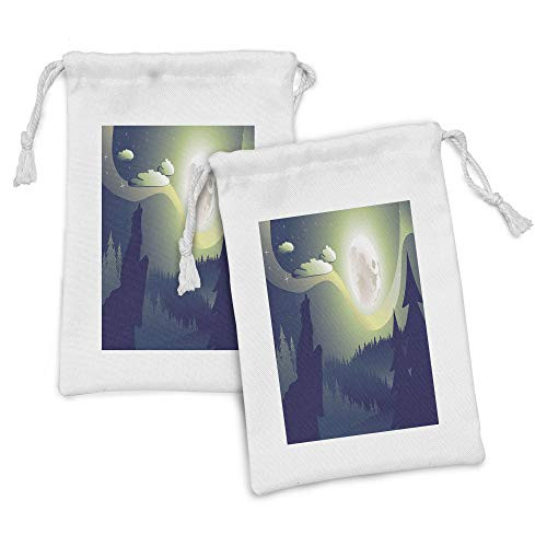 Lunarable Crying Wolf Fabric Pouch Set of 2 Forest at Night Wild Canine Howling at the Full Moon Countryside Landscape Small Drawstring Bag for Toiletries Masks and Favors 9 inch x 6 inch Multicolor