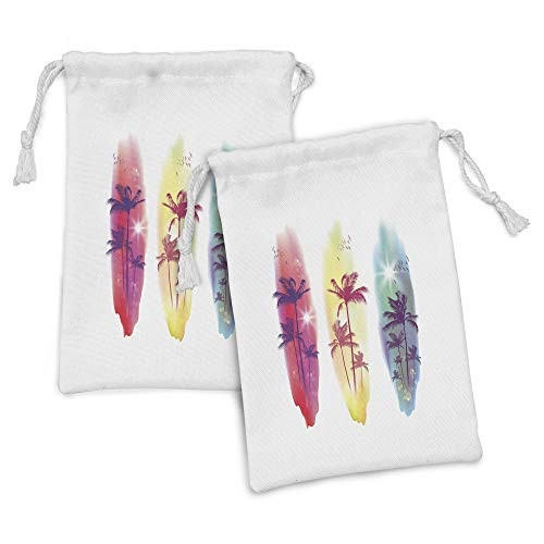 Ambesonne Tropical Fabric Pouch Set of 2 Palm Trees Birds Seagulls Pattern Silhouette Surfboards Seascape Small Drawstring Bag for Toiletries Masks and Favors 9 inch x 6 inch Pale Yellow Fuchsia
