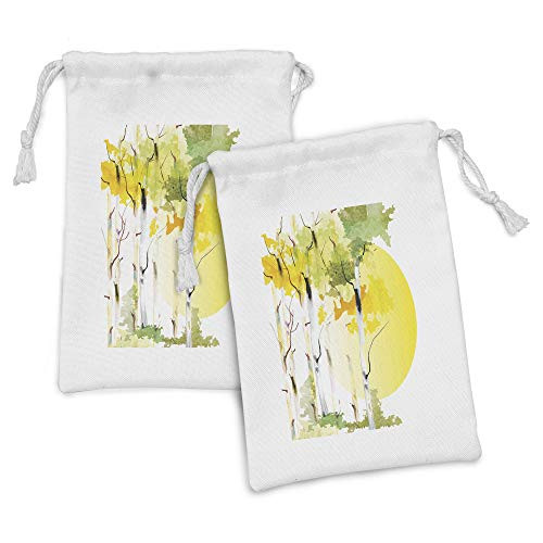 Lunarable Nature Fabric Pouch Set of 2 Birch Tree Forest Bushes Watercolors with Big Sun Natural Artwork Small Drawstring Bag for Toiletries Masks and Favors 9 inch x 6 inch Green Yellow Orange