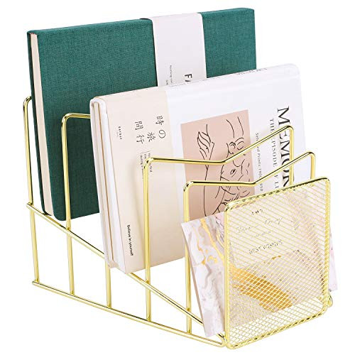Z PLINRISE Incline File Sorter Wire Magazine Holder Rack for Mails Folders and Books Desk Paper Storage Organizer for Home and Office 5 Sections Gold