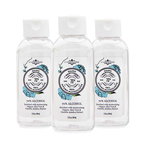 La Chatelaine - Hand Sanitizer Gel - 70 percent Alcohol Kills 99.9 percent of Germs - Organic Aloe Vera  and  Centella Asiatica Extract - Small 3.5oz Travel Size Individual Personal Pocket -Pack of 3-