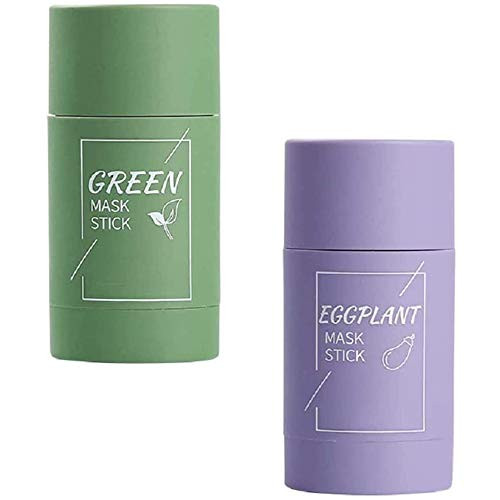 Green Tea Purifying Clay Stick Mask Eggplant Acne Clearing Solid Mask Natural Skin Care Moisturizing Oil Control Deep Cleansing Pore Blackhead Removal for All Skin Types -Green Tea PlusEggplant-