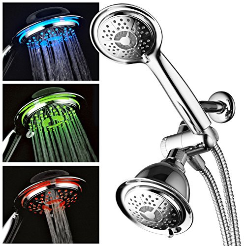 DreamSpa All Chrome 3-way LED Shower Head Combo with Air Jet LED Turbo Pressure-Boost Nozzle Technology. Color of LED lights changes automatically according to water temperature