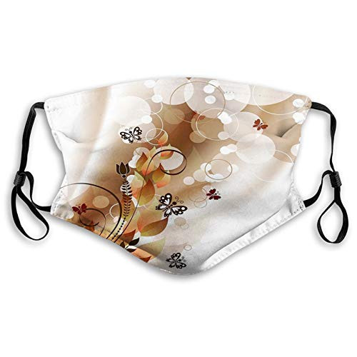 GULTMEE Tan?Spring Themed Abstraction Butterflies Flower Petals and Tulip Leaves?Dark Brown Brown White Windproof Activated Carbon maskFacial Decorations for Adults Made in USA SizeAdult