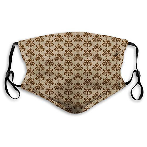 GULTMEE Chocolate?Damask Inspired Abstract Pattern Ornamental Floral Grunge Design?Brown Tan Windproof Activated Carbon maskFacial Decorations for Adults Made in USA SizeAdult