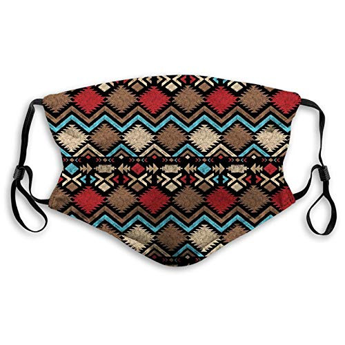 FDIN Aztec Design Abstract Colorful Shapes Latin American Inspired Print Brown Blue Windproof Activated Carbon maskFacial Decorations for Adults Made in USA SizeM