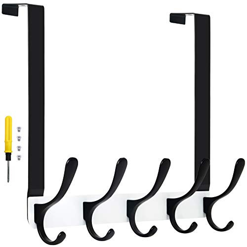 SKOLOO Over The Door Hook Coat Rack - 5 Hooks Sturdy Metal Coat Hook Door Hanger Over Door Hook for Hanging Clothes/Coat/Towel/Robes/Purse White  and  Black