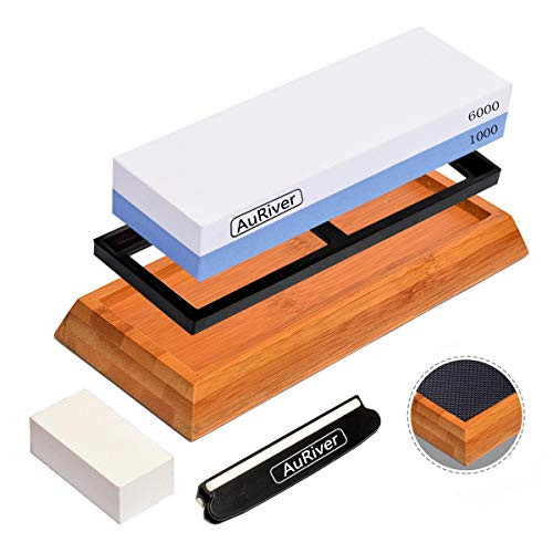 AuRiver Whetstone Knife Sharpener Premium Sharpening Stone Set 2 Side Grit 1000/6000 with Non-Slip Bamboo Base  and  Flattening Stone  and  Angle Guide for Kitchen  and  Chef Knives