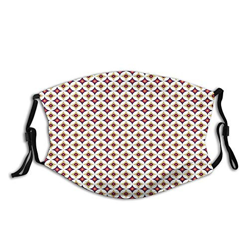Balinese Ethnic Retro Mosaic Pattern with Circles and Square Mouth Cover for WomenFace Mask Reusable Washable Cloth for Men and Women