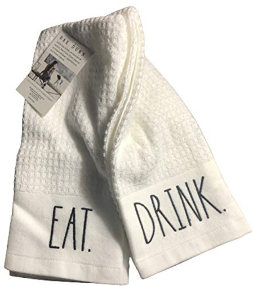 Rae Dunn Kitchen Towels Set of 2 Embroidered EAT Drink 100 percent Cotton with Waffle Weave Pattern