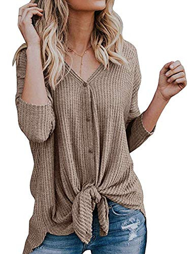 Chvity Womens Waffle Knit Button Down Outwear Fleece Sweaters Tie Knot Cardigans Coats -S Khaki-
