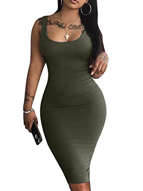 LAGSHIAN Womens Sexy Bodycon Tank Dress Sleeveless Basic Midi Club Dresses Olive LAGSHIAN Womens Sexy Bodycon Tank Dress Sleeveless Basic Midi Club Dresses Olive
