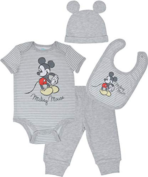 Disney Mickey Mouse Baby Boys Layette Set Bodysuit Pants Hat Bib 3-6 Months White/Gray Disney Mickey Mouse Baby Boys Layette Set Bodysuit Pants Hat Bib 3-6 Months White/Gray