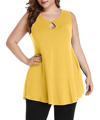 MONNURO Womens Plus Size Sleeveless Keyhole Summer Sexy Shirts Casual Loose Flowy Swing Tunic Tank Tops-Yellow3X-