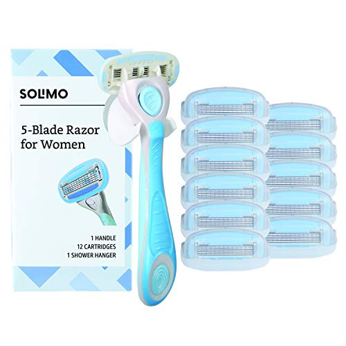 Amazon Brand - Solimo 5-Blade Razor for Women Handle 12 Cartridges  and  Shower Hanger -Cartridges fit Solimo Razor Handles only-