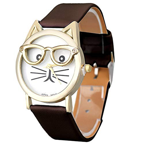 Womens Quartz Watch Quealent Cat Analog Female Watches Ladies Watches Leather Wrist Watches for Women Brown