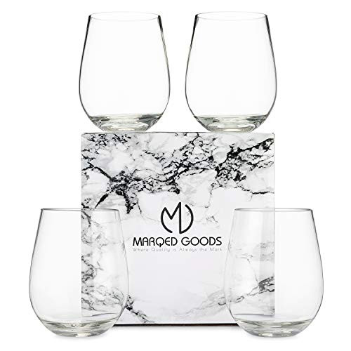 Set of 4 16oz Tritan Plastic Stemless Wine Glasses Unbreakable Red and White Wine Glass Set with Great Aeration Drink Glasses for Liquor Tea Water 2.5mm Thick Microwave and Dishwasher Safe