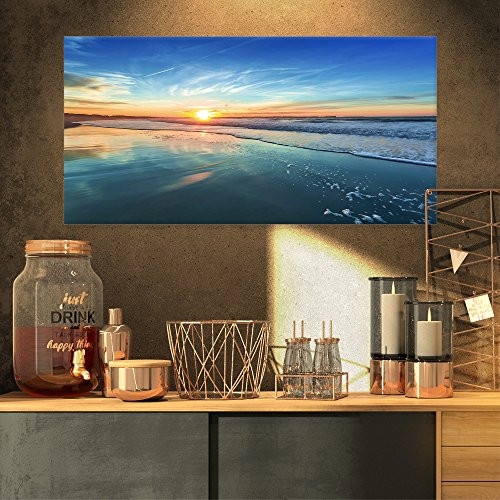 Design Art Blue Seashore with Distant Sunset Seashore Canvas Wall Art, 32x16, Blue
