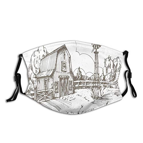 Rustic Barn Farmhouse Hand Drawn Illustration Countryside Proof Windproof Face MaskReusableWashable ClothFace CoverCover for Unisex Adult