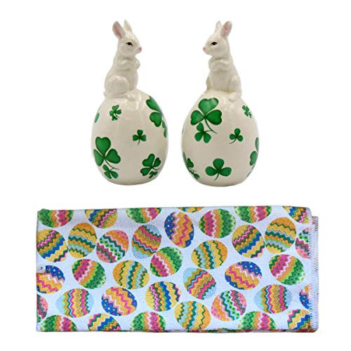 Shamrock Bunny Salt and Pepper Shakers with Kitchen Hand Towels Set for Easter