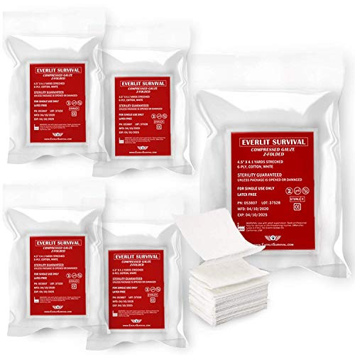 Everlit -5 Pack- Z-Folded Compressed Sterile Gauze 4.5 inch x 4.1 Yards 6-Ply White Cotton Essential First Aid and Stop The Bleed Kit Supply for Home Medical and Tactical Emergency Use -5-