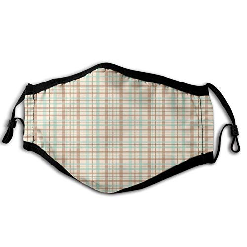 Plaid Scottish Country Style Tartan with Abstract Design Diagonal Striped Lines Brown Mint Green Beige Mouth Face Mask Anti Breathable Absorb Sweat Masks for Adult