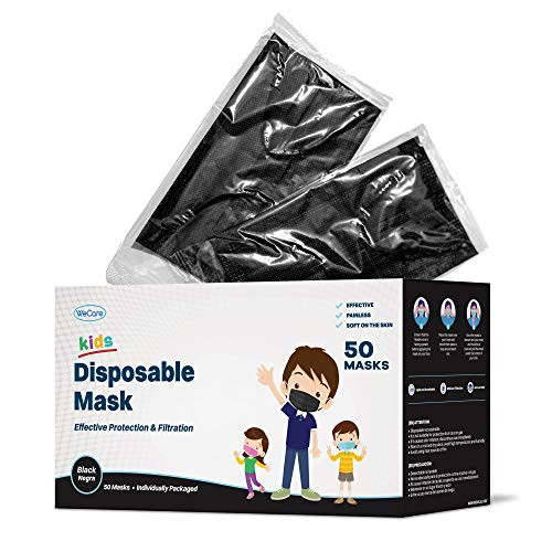 WeCare Disposable Face Masks For Kids 50 Black Face Masks Individually Wrapped