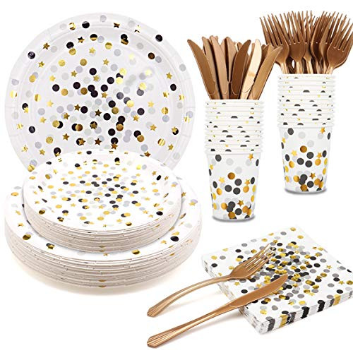 24 Guests White and Gold Party Supplies 144 Pieces Disposable Gold Party Plates Tableware Napkins Cups Forks Knives for Birthday Party Bridal Shower Halloween Christmas Gold Stars White Paper Plates