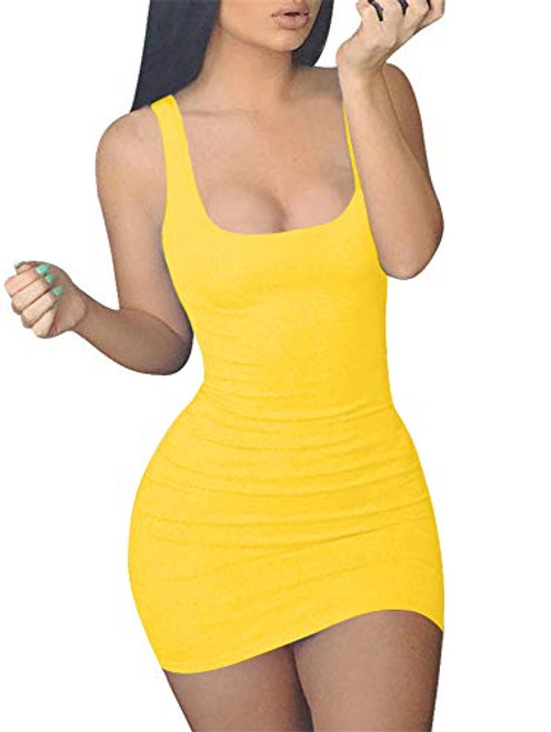 GOBLES Womens Casual Summer Sleeveless Mini Sexy Bodycon Tank Club Dress Yellow GOBLES Womens Casual Summer Sleeveless Mini Sexy Bodycon Tank Club Dress Yellow