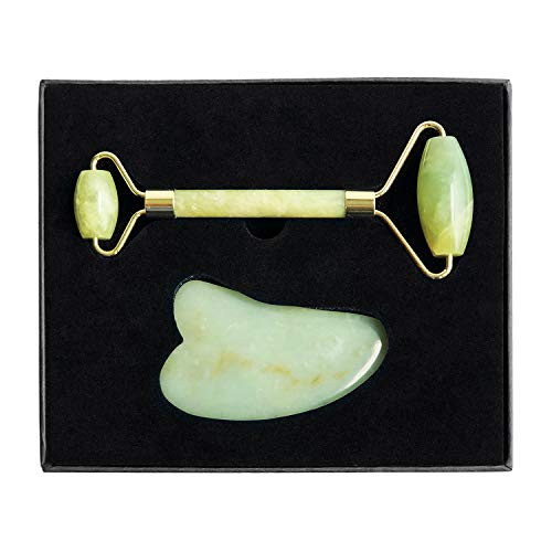 Jade Roller For Face and Gua Sha Set - Facial Gym Rollers Massager Skin Care Contour Eye Puffiness - Face Eye Neck Roller For Slimming and Firming - Anti Aging Jade Roller