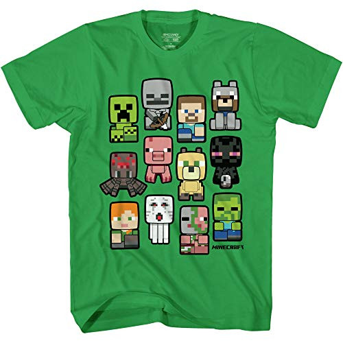 Minecraft Bobble Mobs Roll Call Kids Tee w/Creeper Steve Enderman Wolf - Medium Green