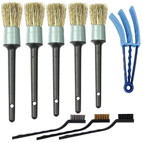 Nurkul 9 Pieces Auto Detailing Brush Set for Cleaning Wheels Interior Exterior Leather Including 5 pcs Premium Detail Brush -Black- 3 pcs Wire Brush and 1 Air Vent Brush
