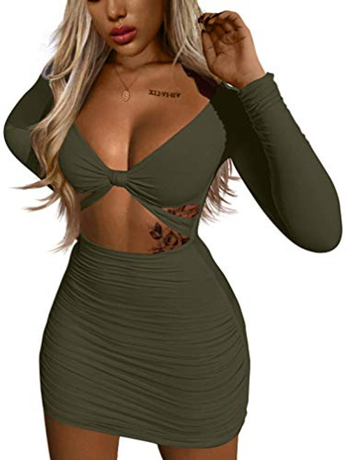 XXTAXN Womens Sexy Bodycon Deep V Neck Long Sleeve Cut Out Club Mini Dress Olive