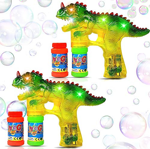 Haktoys Dinosaur Bubble Gun with LED Flashing Lights 2 Bubble Shooters 4 Bottles Bubble Refill Solution and Batteries Included - Parent Friendly - Sound Free
