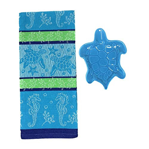 REX AND ROVER Sea Turtle Kitchen Towel Spoon Rest Soap Dish Trinket Tray - 2 Piece Kitchen Gift Bundle -Blue-