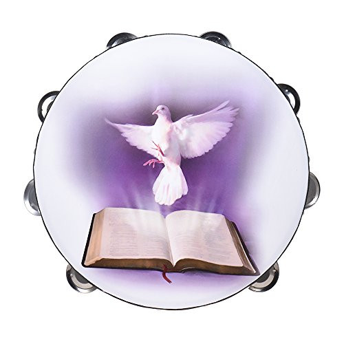 ammoon 10 inch Double Row Jingle Tambourine Handbell Clap Drum Percussion Instrument with Dove and Bible Pattern for Church ammoon 10 inch Double Row Jingle Tambourine Handbell Clap Drum Percussion Instrument with Dove and Bible Pattern for Church